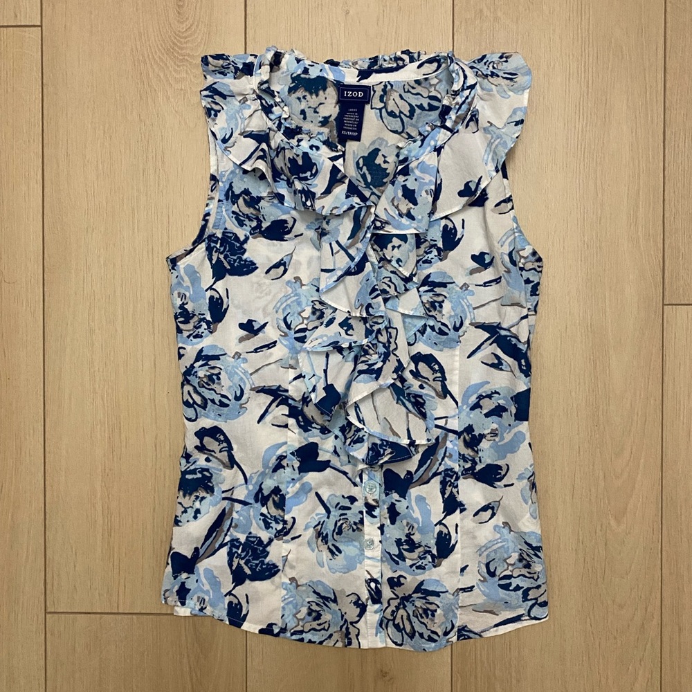 IZOD Sleeveless, Blue and White, Floral, Ruffled, Button Down Top - Size XS
